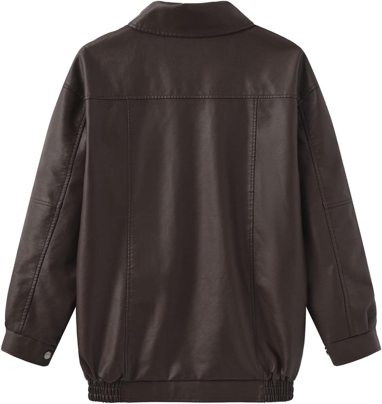 imagehathne Womens Oversized Leather Jackets Faux Zip Up Fall Fashion Motorcycle Jackets Coats Winter ClothesCoffee