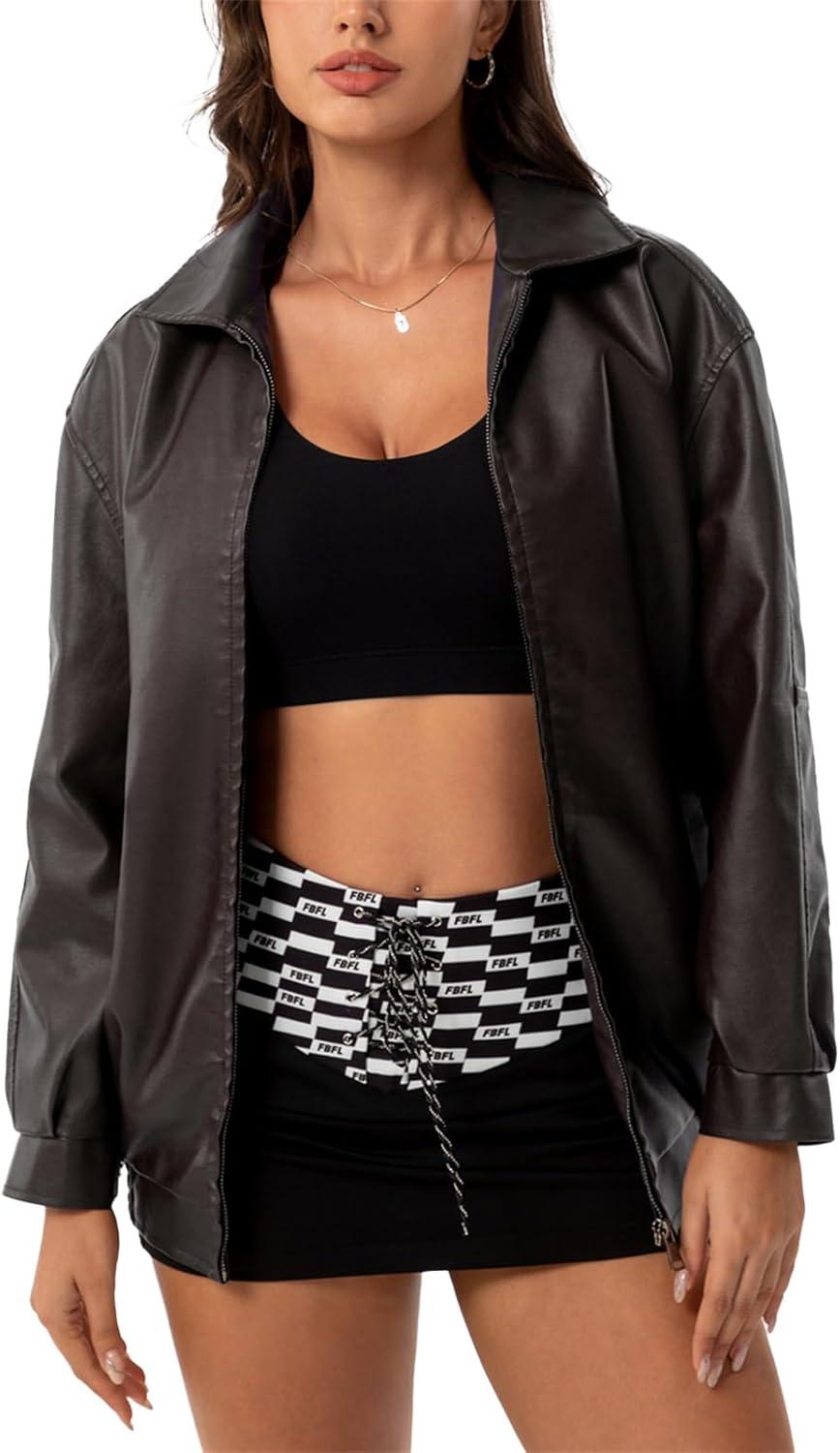 imagehathne Womens Oversized Leather Jackets Faux Zip Up Fall Fashion Motorcycle Jackets Coats Winter ClothesCoffee