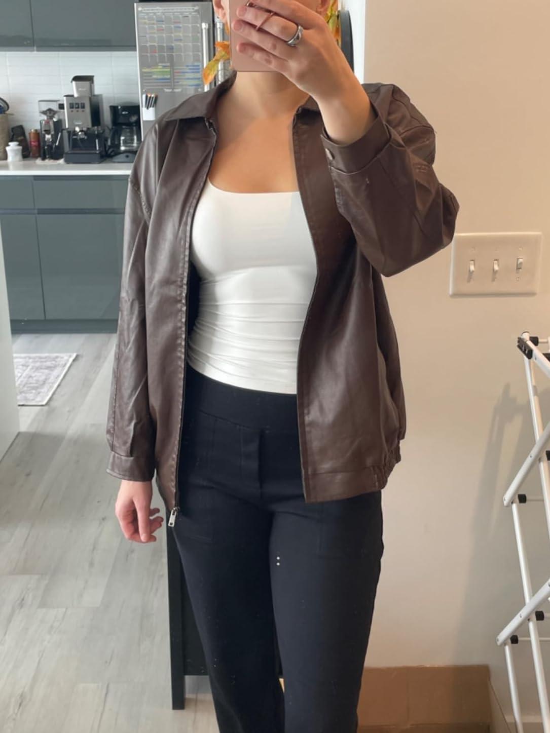 imagehathne Womens Oversized Leather Jackets Faux Zip Up Fall Fashion Motorcycle Jackets Coats Winter ClothesCoffee