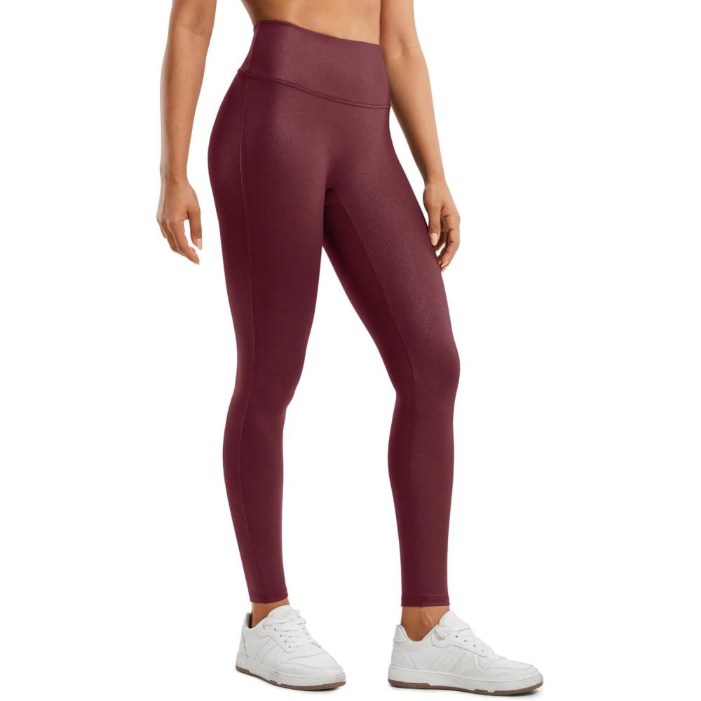 imageCRZ YOGA No Front Seam Faux Leather Leggings 28 Butterluxe Matte High Waist Stretch Tights Womens Pleather PantsRed Merlot Foil Pattern