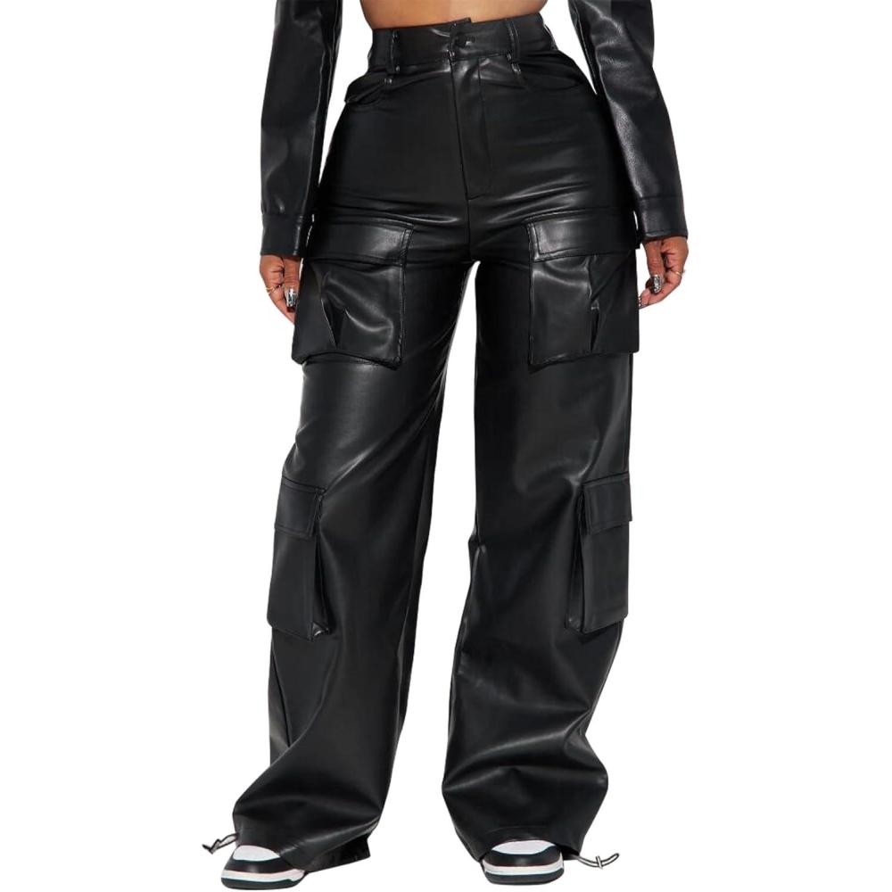 imageEZAPINE Womens Faux Leather Cargo Pants High Waisted Y2K Relaxed Pants with PocketsBlack