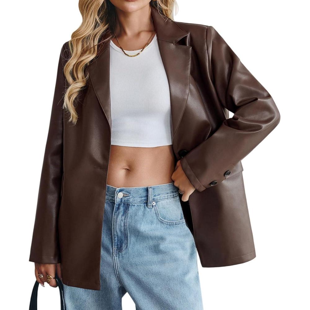 imageKateModa Womens Faux Leather Blazer Oversized Bomber Winter Coat Motocycle Button Down Fall Jackets with PocketsBrown