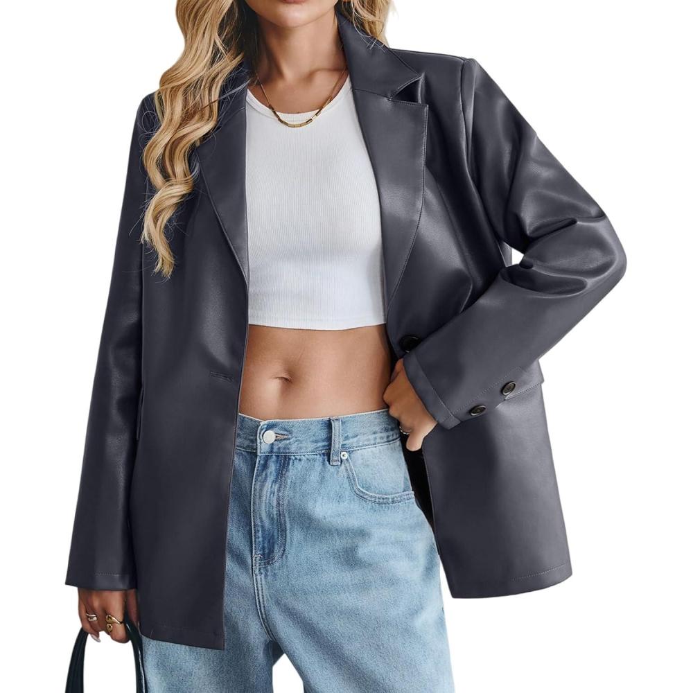 imageKateModa Womens Faux Leather Blazer Oversized Bomber Winter Coat Motocycle Button Down Fall Jackets with PocketsGrey