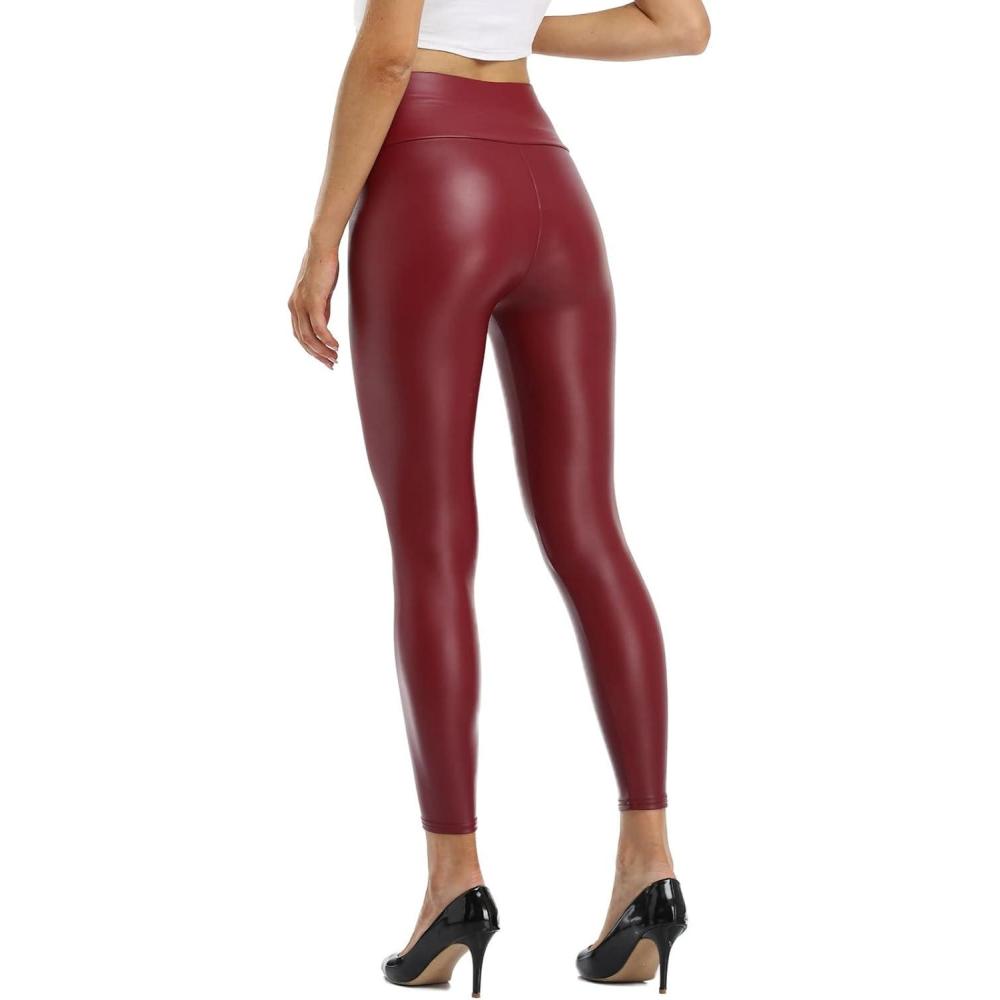 imageKotii Womens Soft Faux Leather Leggings High Waisted Leather Pants PU Slim Pleather Pants TightsFleece Lined816red
