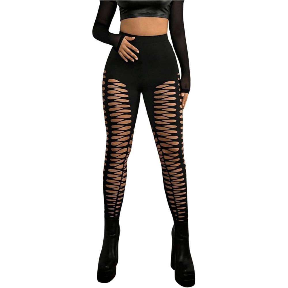 imageMakeMeChic Womens Cut Out Sexy Leggings Criss Cross Skinny Pants Party ClubwearBlack D