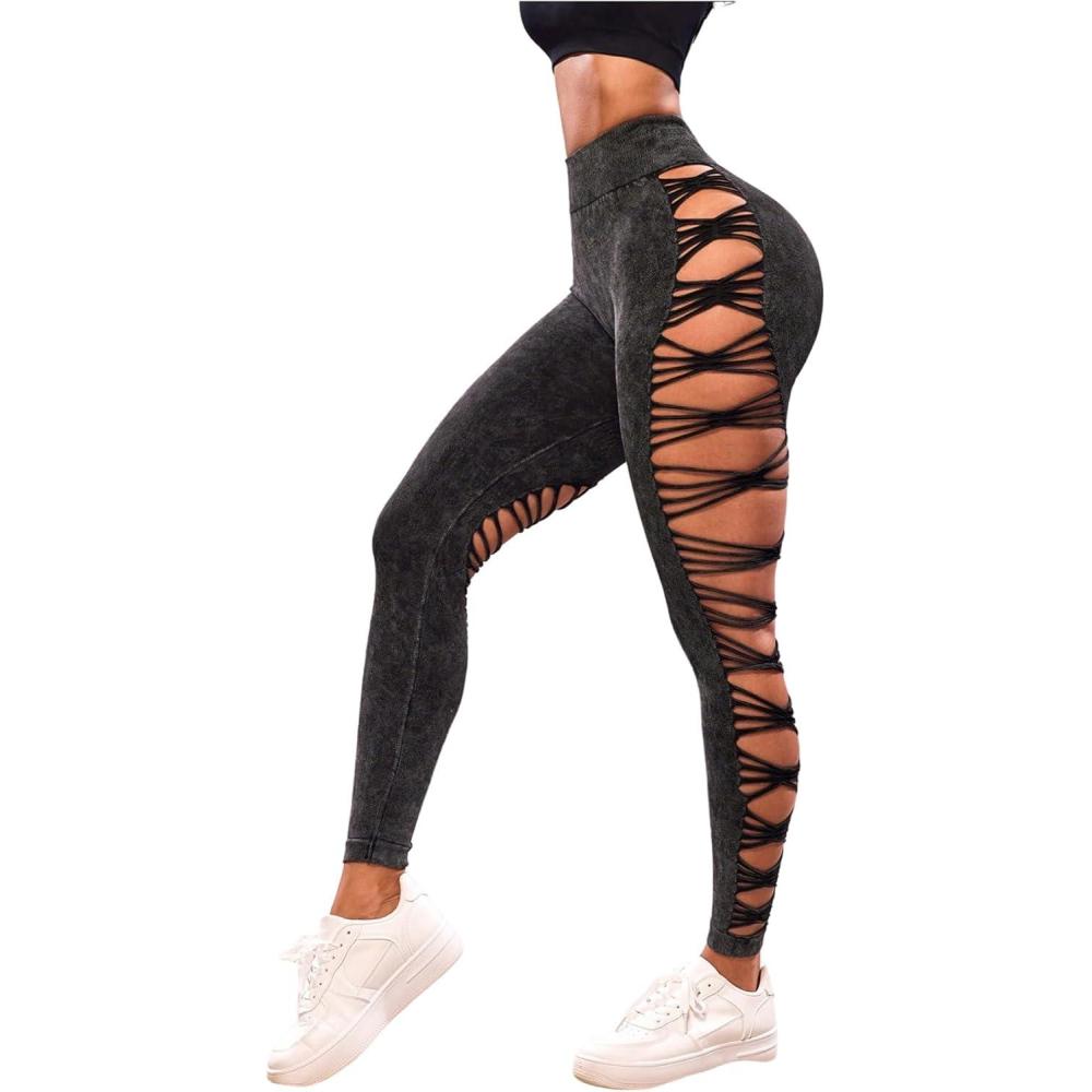 imageMakeMeChic Womens Cut Out Sexy Leggings Criss Cross Skinny Pants Party ClubwearGrey