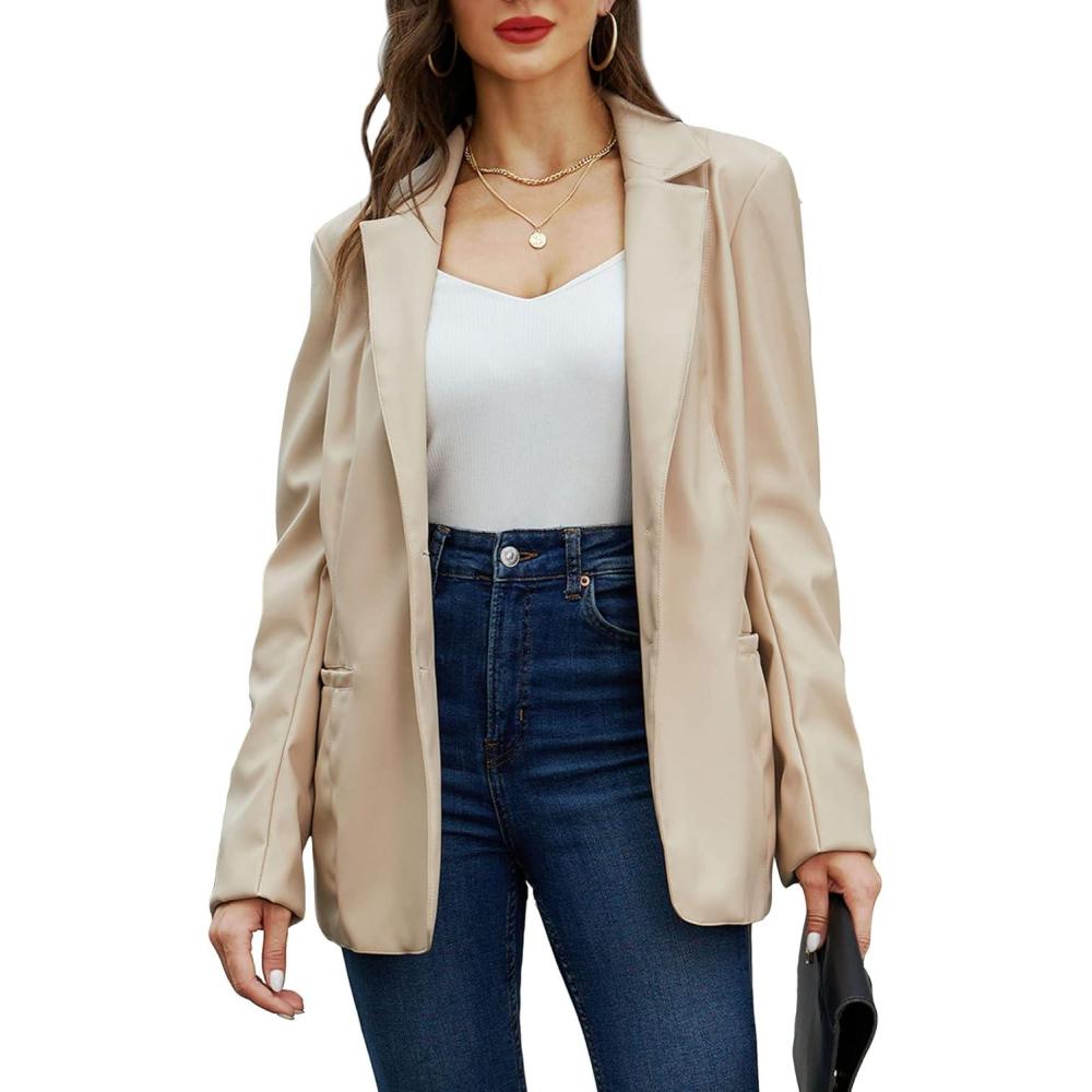 imageRISISSIDA Women Faux Leather Blazer JacketSpring Fall Vegan Pleather Soft Casual Lapel Button Down CoatBeigehip Length