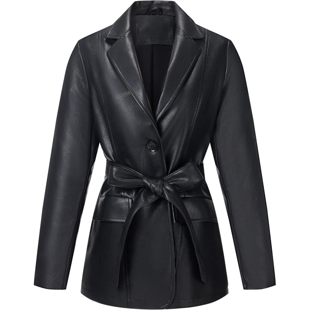 imageRISISSIDA Women Faux Leather Blazer JacketSpring Fall Vegan Pleather Soft Casual Lapel Button Down CoatBlackhip Lengthwith Detachable Belt