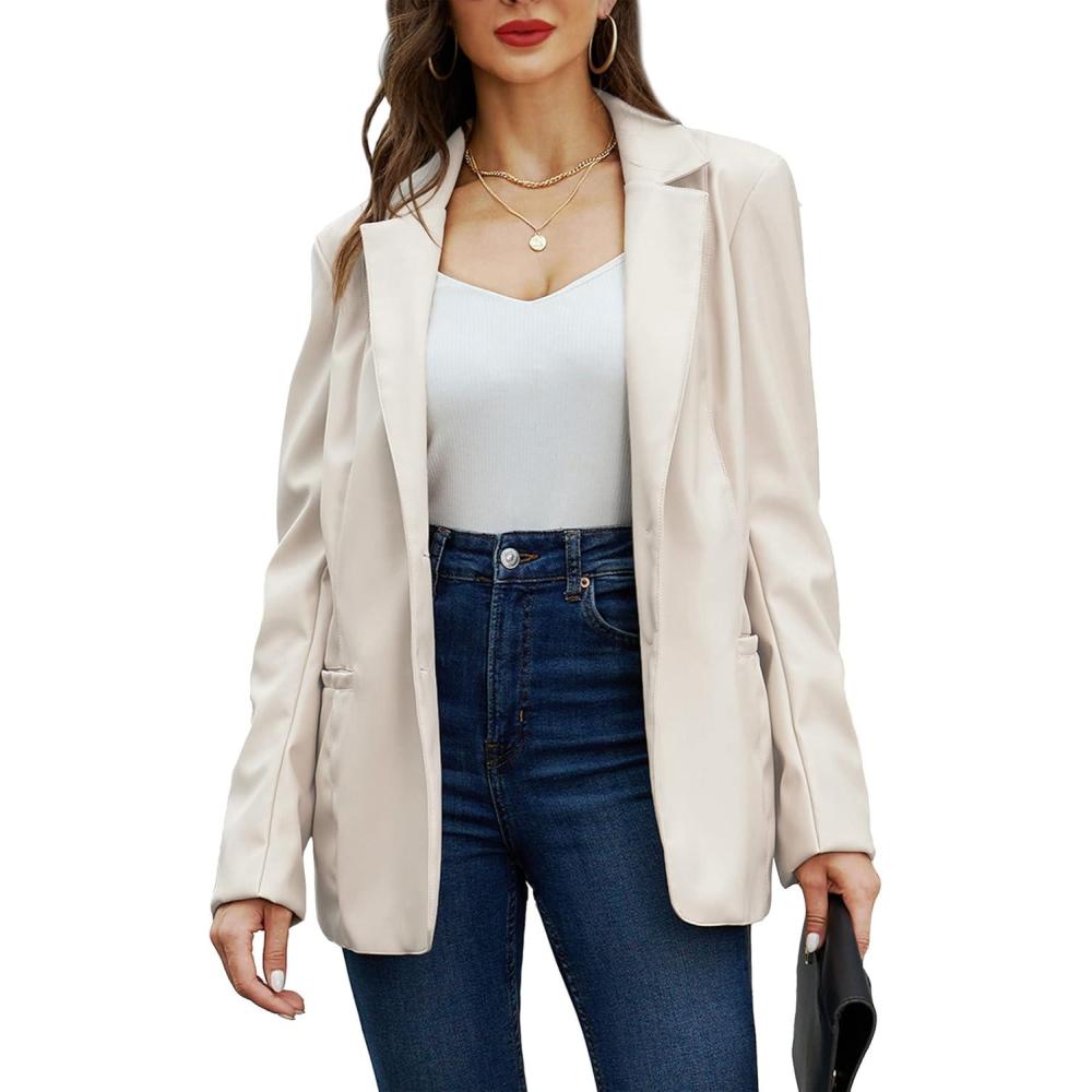 imageRISISSIDA Women Faux Leather Blazer JacketSpring Fall Vegan Pleather Soft Casual Lapel Button Down CoatWhitehip Length