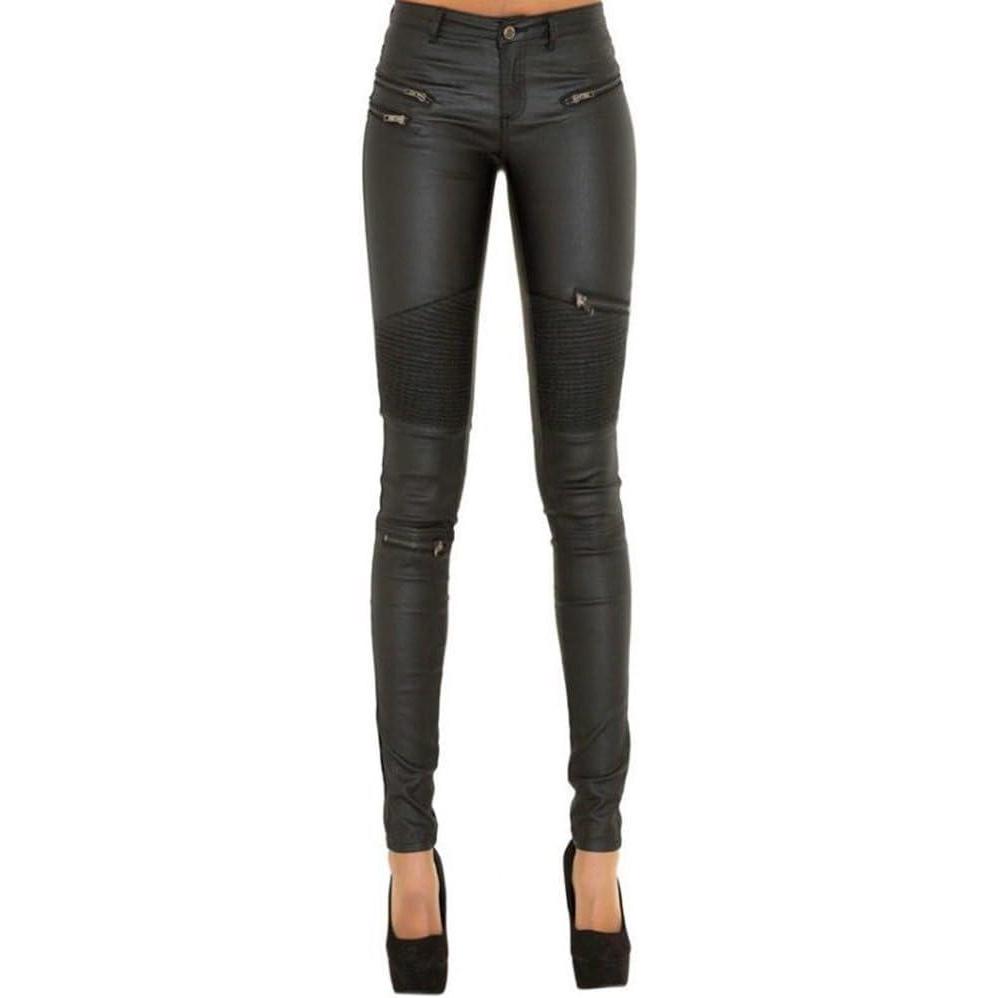 imageSHOWADAY Womens Sexy Stretchy PU Leather Slim Fit Rider Pants Skinny LeggingsBlack