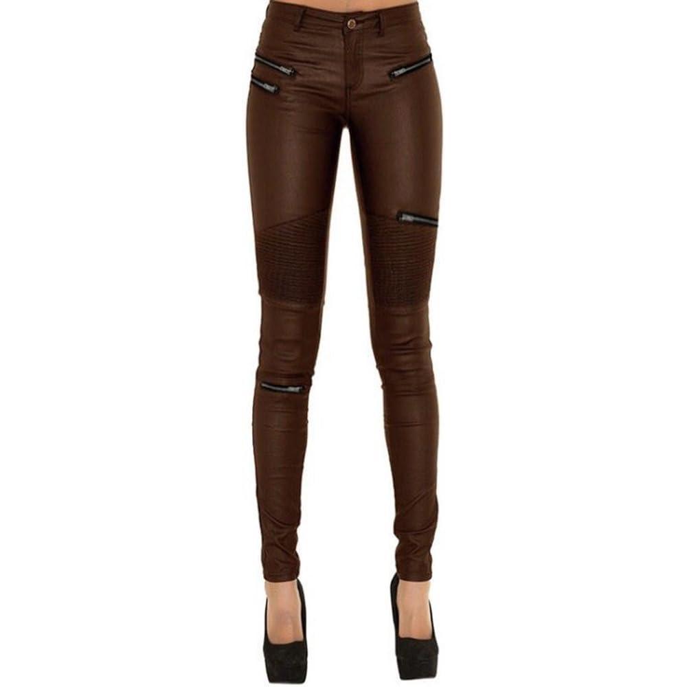 imageSHOWADAY Womens Sexy Stretchy PU Leather Slim Fit Rider Pants Skinny LeggingsBrown