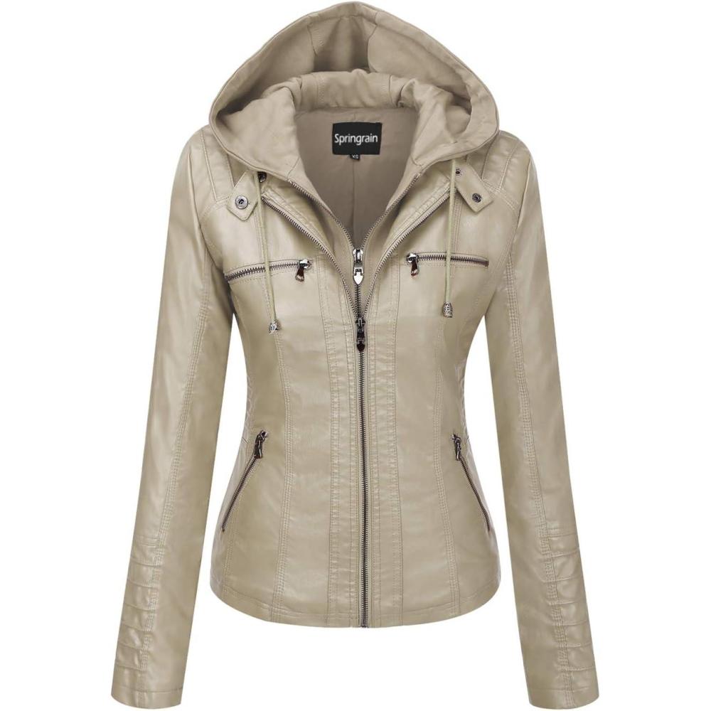 imageSpringrain Womens Faux Leather Jacket Moto Biker Coat with Detachable Hood Motorcycle JacketApricot