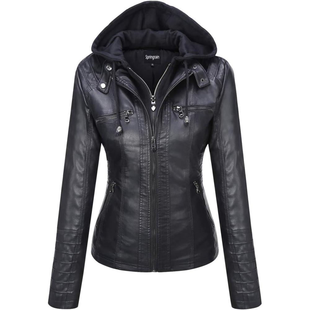 imageSpringrain Womens Faux Leather Jacket Moto Biker Coat with Detachable Hood Motorcycle JacketBlack