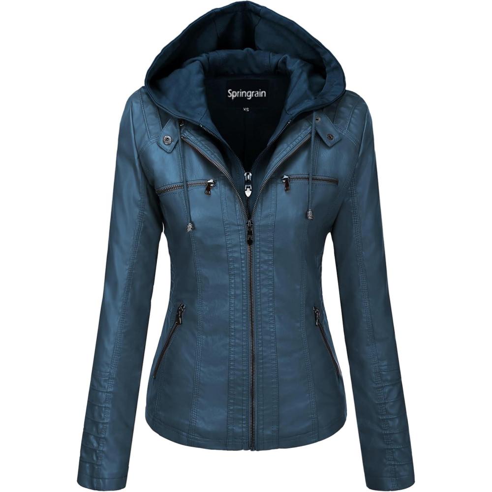 imageSpringrain Womens Faux Leather Jacket Moto Biker Coat with Detachable Hood Motorcycle JacketBlue