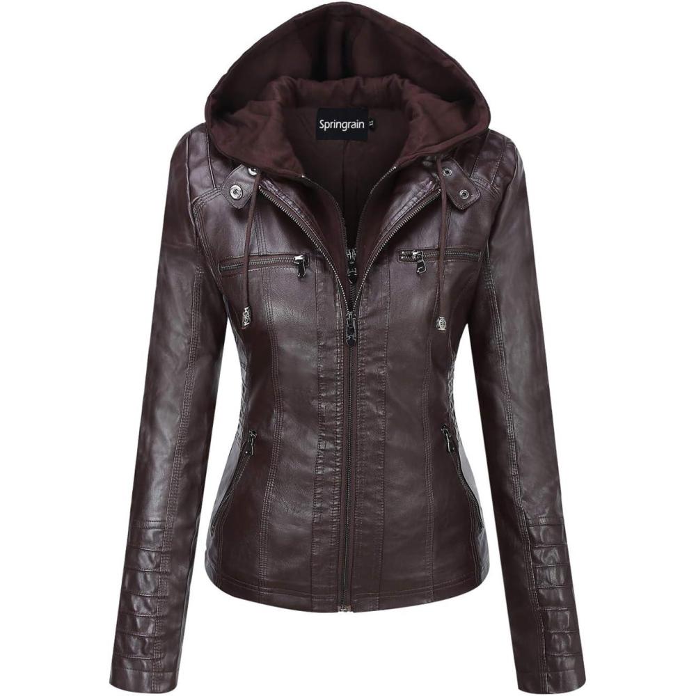 imageSpringrain Womens Faux Leather Jacket Moto Biker Coat with Detachable Hood Motorcycle JacketCoffee