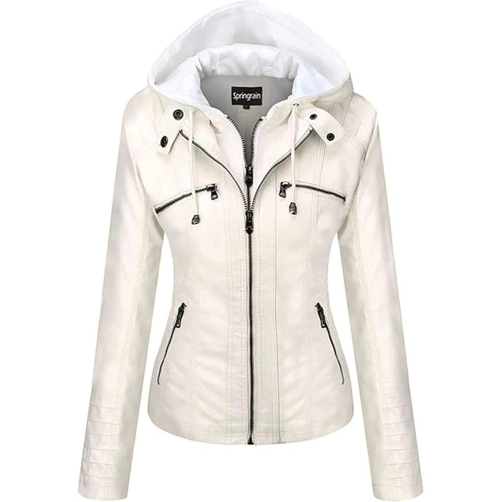 imageSpringrain Womens Faux Leather Jacket Moto Biker Coat with Detachable Hood Motorcycle JacketWhite