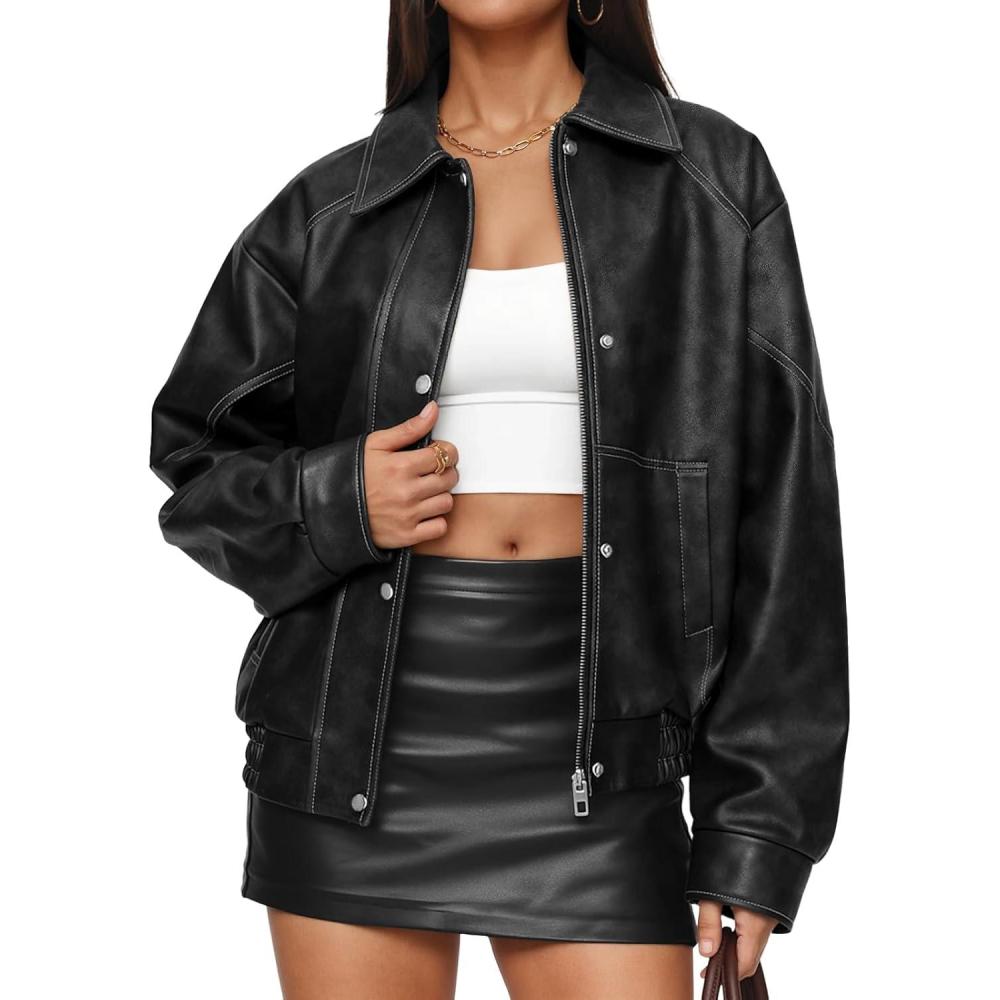 imageTrendy Queen Womens Oversized Leather Jackets Fall Motorcycle Bomber Winter Coats 2026Black