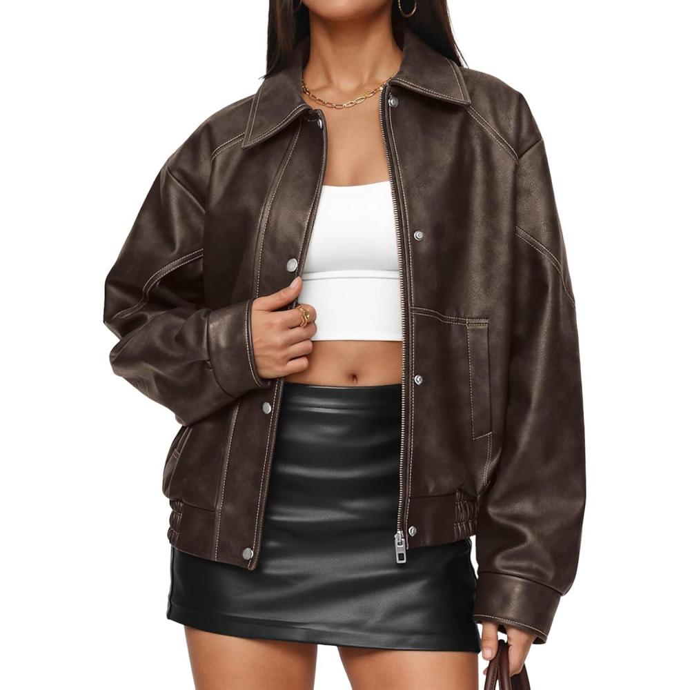 imageTrendy Queen Womens Oversized Leather Jackets Fall Motorcycle Bomber Winter Coats 2026Brown