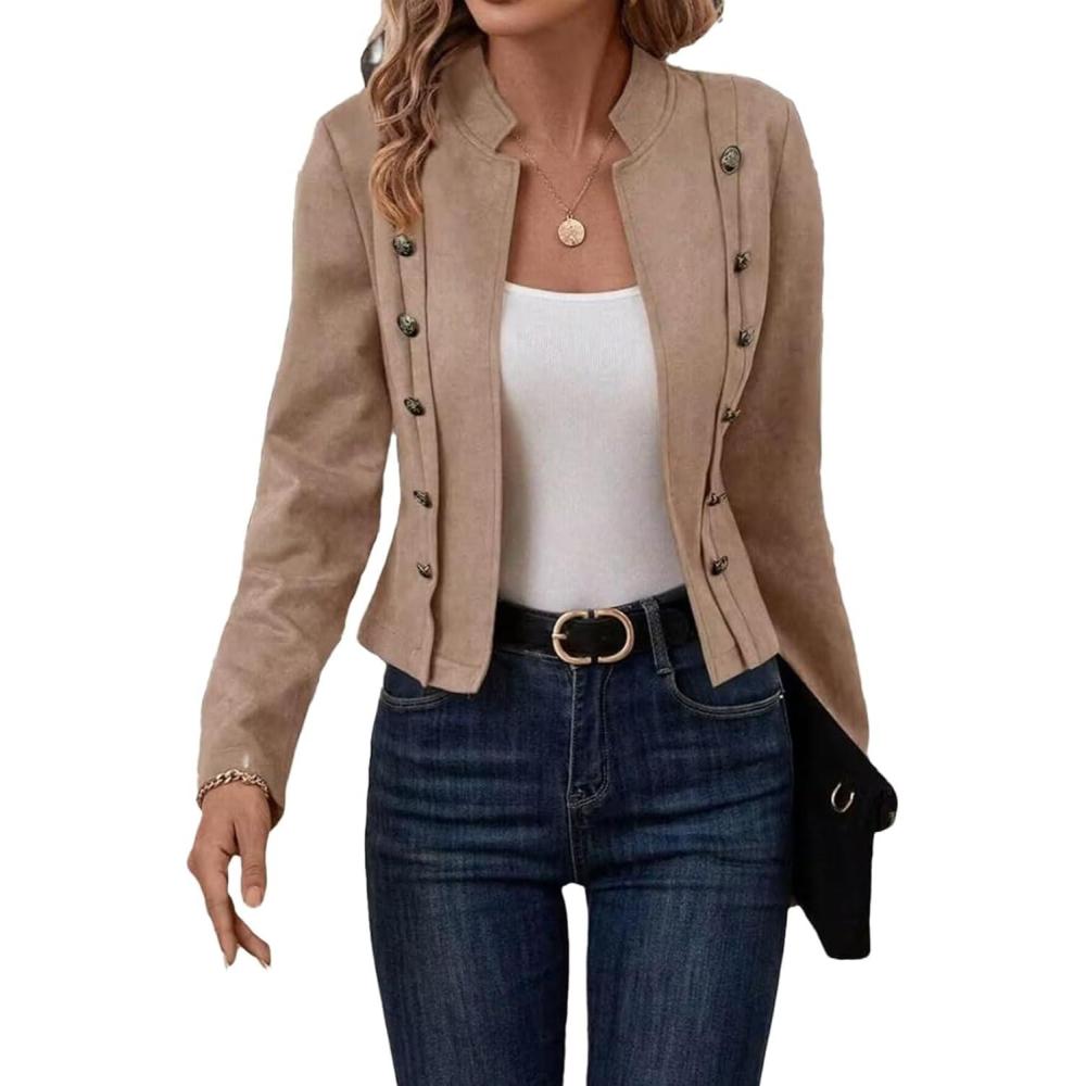 imageWomens Faux Suede Jackets Cropped Blazer 2026 Fall Casual Business Long Sleeve CoatKhaki