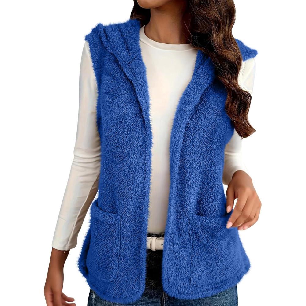 imageWomens Fuzzy Fleece Sherpa Vest Sleeveless Open Front Hooded Vests Faux Fur Warm Winter Jacket Running Vest with PocketsBlue