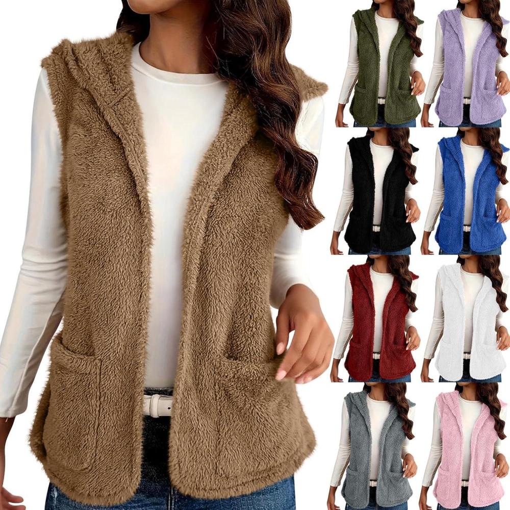 imageWomens Fuzzy Fleece Sherpa Vest Sleeveless Open Front Hooded Vests Faux Fur Warm Winter Jacket Running Vest with PocketsKhaki