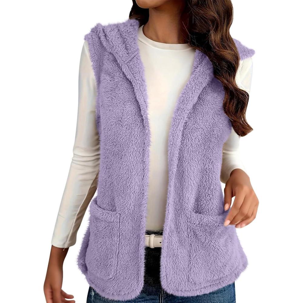 imageWomens Fuzzy Fleece Sherpa Vest Sleeveless Open Front Hooded Vests Faux Fur Warm Winter Jacket Running Vest with PocketsPurple