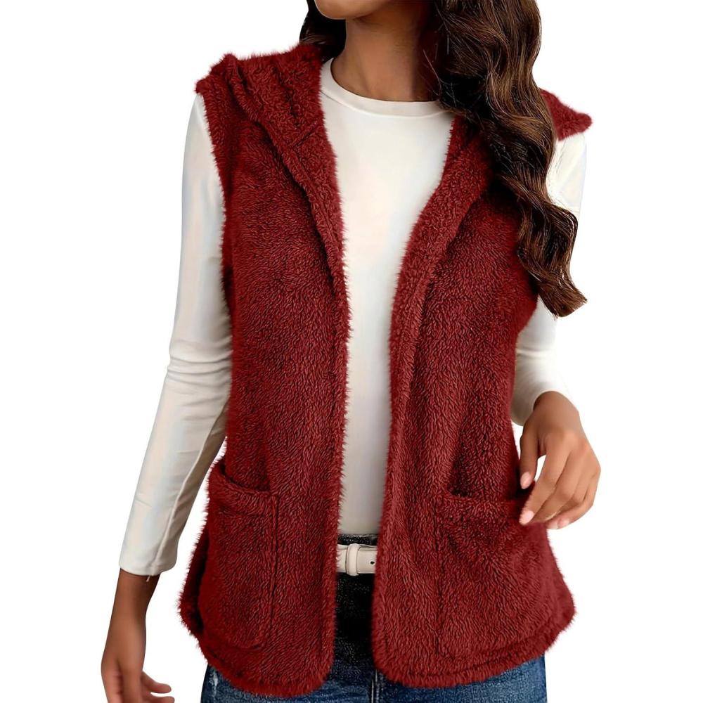 imageWomens Fuzzy Fleece Sherpa Vest Sleeveless Open Front Hooded Vests Faux Fur Warm Winter Jacket Running Vest with PocketsRed