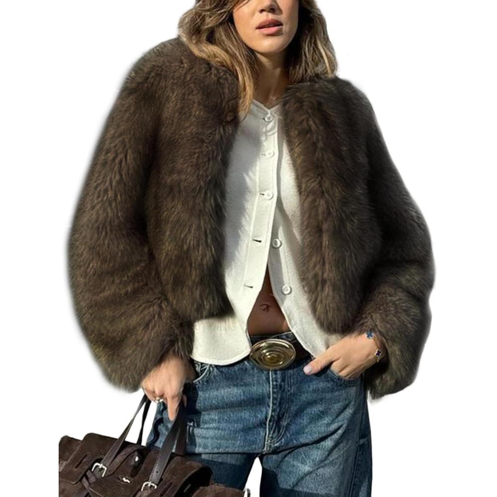 imageWyeysyt Womens Faux Fur Coat Cropped Fur Jacket Fluffy Long Sleeve Open Front Fuzzy Winter Warm OuterwearBrown