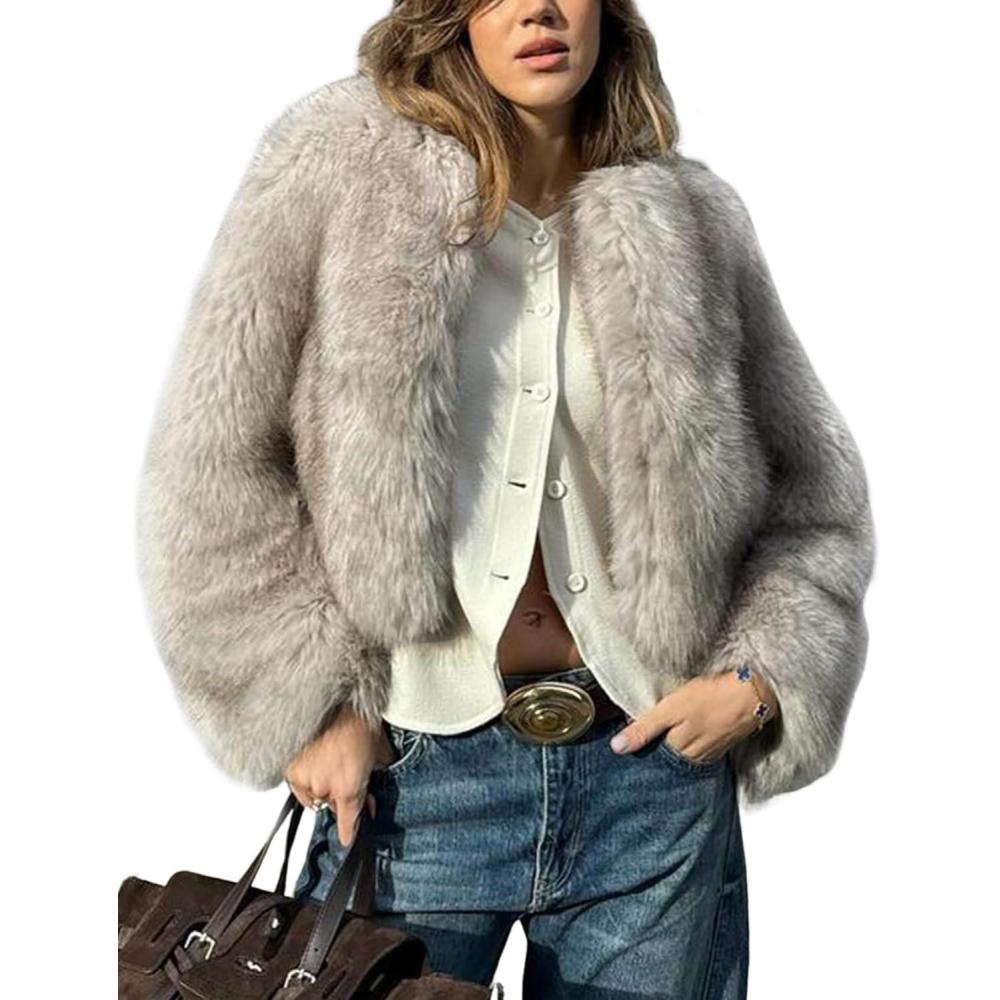 imageWyeysyt Womens Faux Fur Coat Cropped Fur Jacket Fluffy Long Sleeve Open Front Fuzzy Winter Warm OuterwearGrey