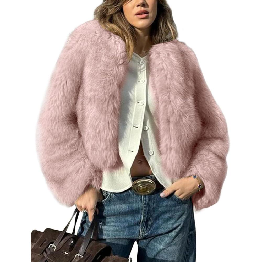 imageWyeysyt Womens Faux Fur Coat Cropped Fur Jacket Fluffy Long Sleeve Open Front Fuzzy Winter Warm OuterwearPink