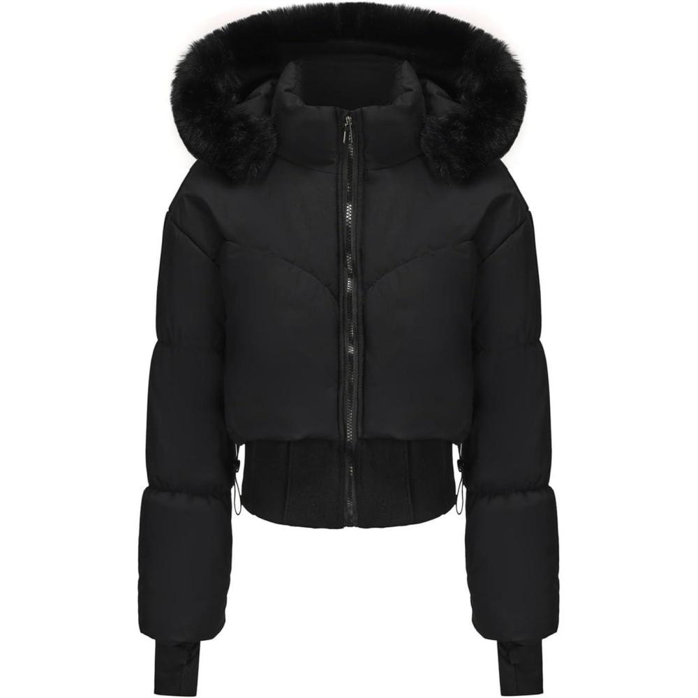 imagebawilom Womens Winter Cropped Puffer Jacket Long Sleeve Oversized Stand Collar ZipUp Short Coats with Faux Fur Hood OutwearBlack