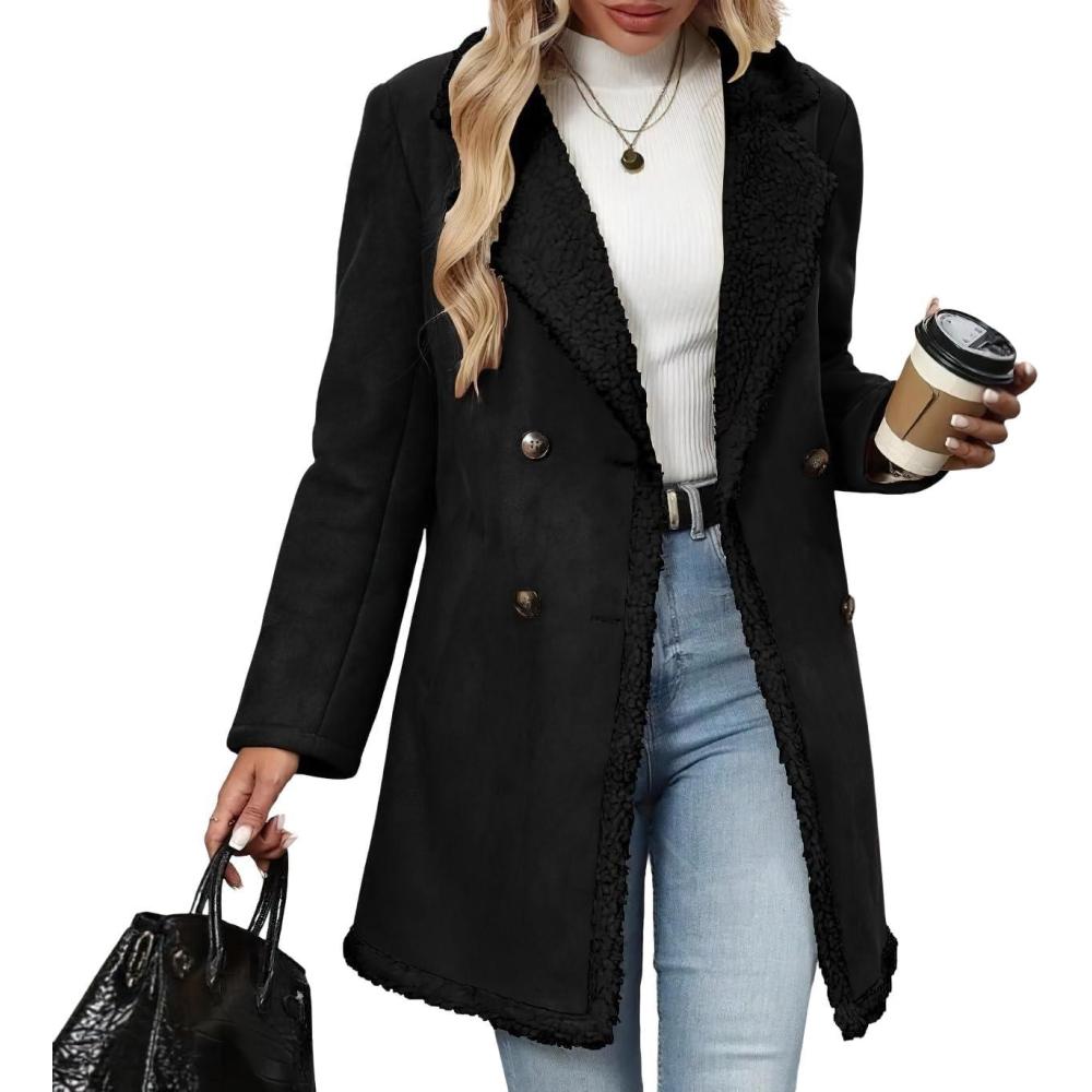 imagechouyatou Womens Winter Notch Lapel Double Breasted Peacoat Sherpa Fleece Lined Faux Suede Jacket CoatBlack
