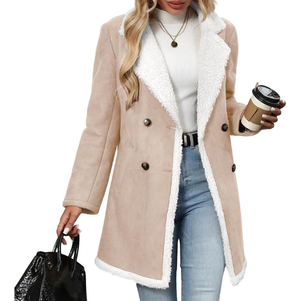 imagechouyatou Womens Winter Notch Lapel Double Breasted Peacoat Sherpa Fleece Lined Faux Suede Jacket CoatLight Khaki