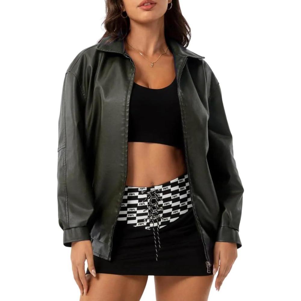 imagehathne Womens Oversized Leather Jackets Faux Zip Up Fall Fashion Motorcycle Jackets Coats Winter ClothesArmy Green
