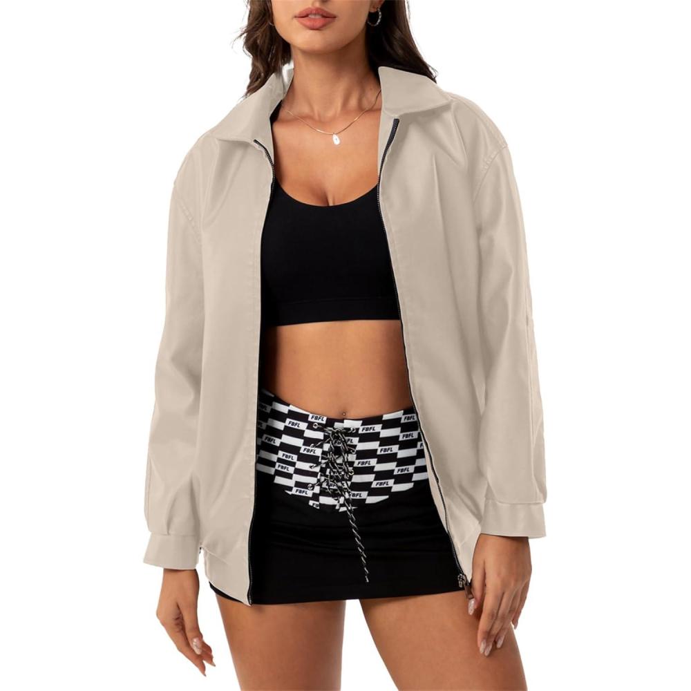 imagehathne Womens Oversized Leather Jackets Faux Zip Up Fall Fashion Motorcycle Jackets Coats Winter ClothesBeige
