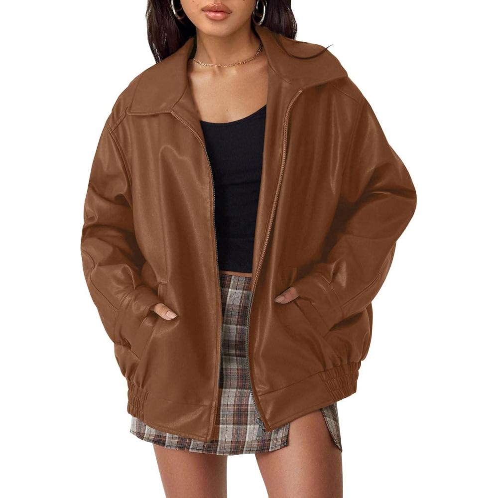 imagehathne Womens Oversized Leather Jackets Faux Zip Up Fall Fashion Motorcycle Jackets Coats Winter ClothesCamel