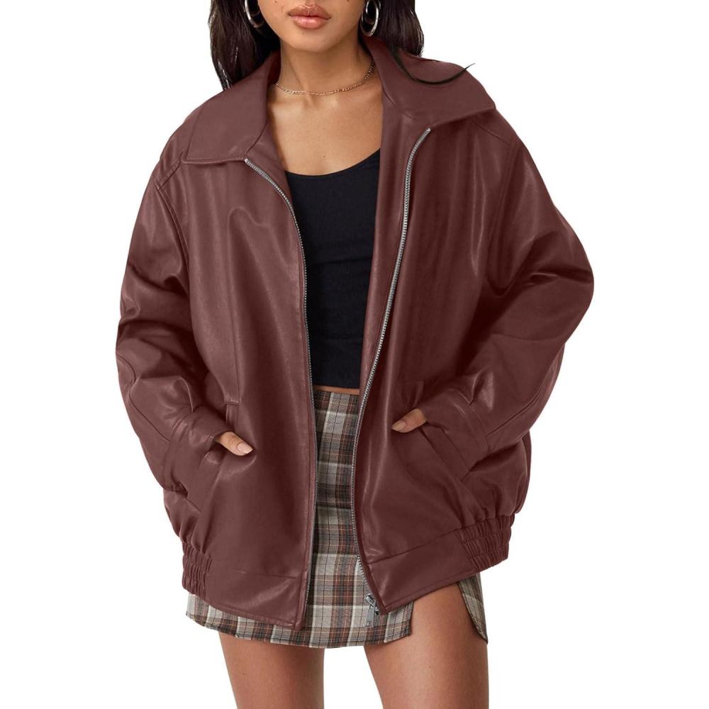 imagehathne Womens Oversized Leather Jackets Faux Zip Up Fall Fashion Motorcycle Jackets Coats Winter ClothesWine Red