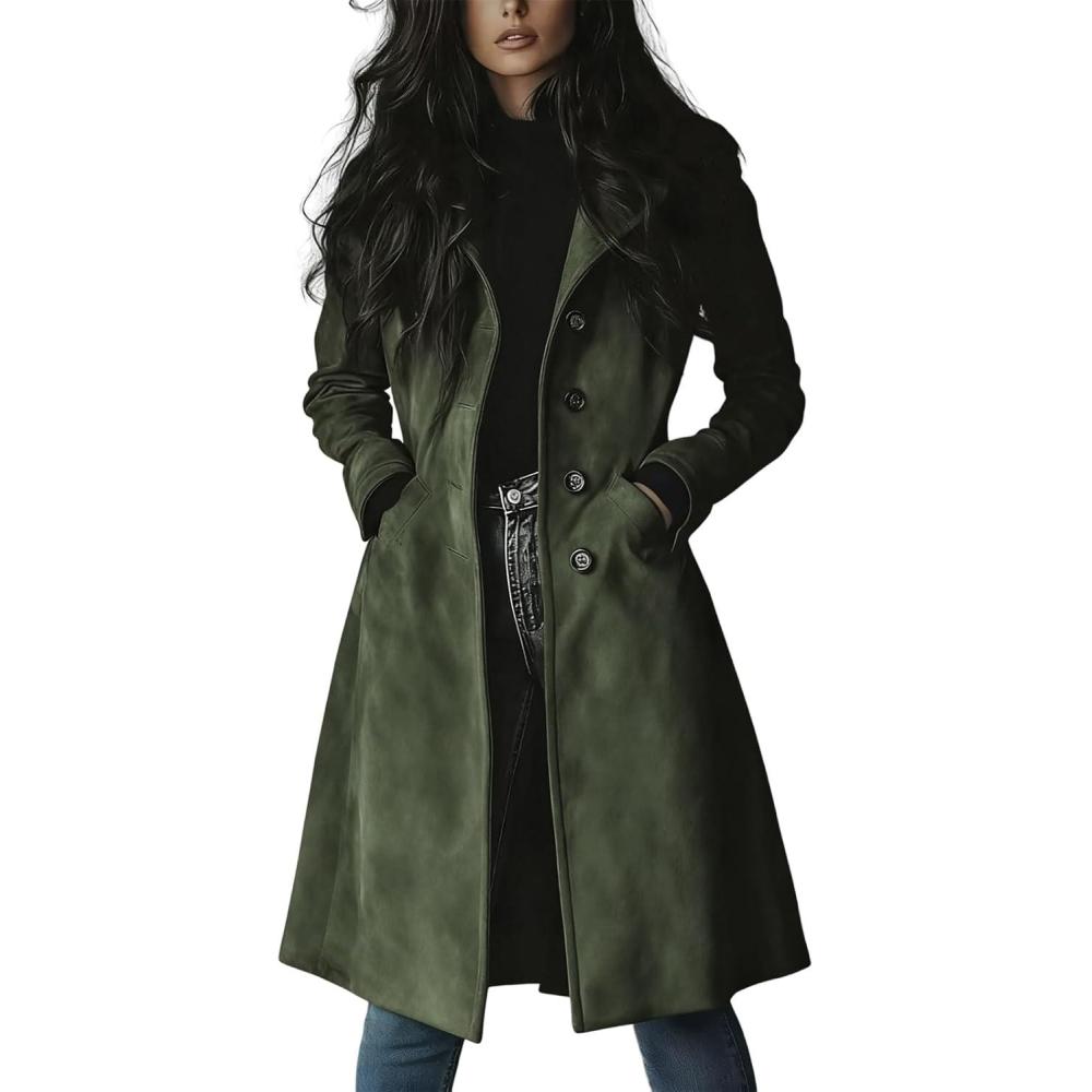 imageutcoco Womens Long Suede Trench Coat Single Breasted Leather Trench Overcoat with PocketArmy Green