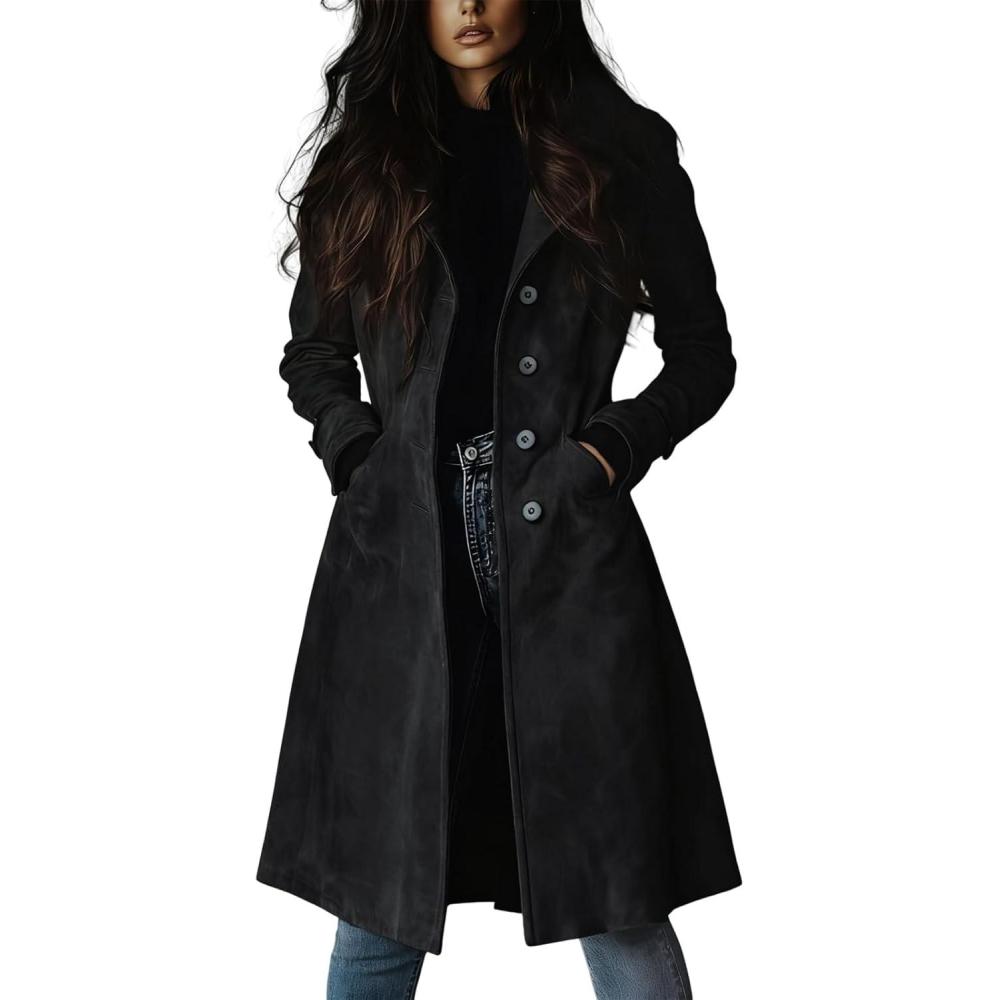 imageutcoco Womens Long Suede Trench Coat Single Breasted Leather Trench Overcoat with PocketBlack
