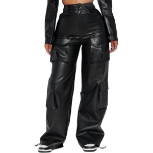 EZAPINE Women’s Faux Leather Cargo Pants High Waisted Y2K Relaxed Pants with Pockets(Black)