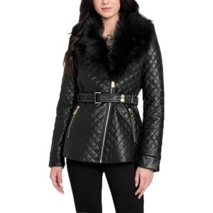 GUESS womens Oprah Fur Collar Diamond Faux Leather Jacket(Jet Black)