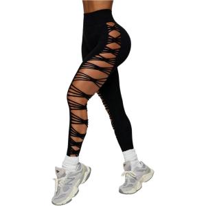 MakeMeChic Women’s Cut Out Sexy Leggings Criss Cross Skinny Pants Party Clubwear(Black Cutout B)