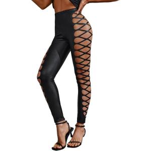 MakeMeChic Women’s Cut Out Sexy Leggings Criss Cross Skinny Pants Party Clubwear(Black Leather)