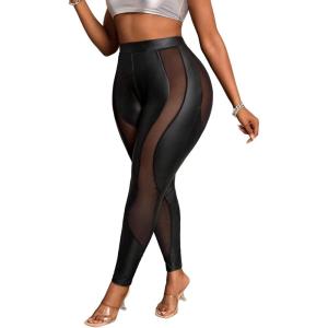 MakeMeChic Women’s Cut Out Sexy Leggings Criss Cross Skinny Pants Party Clubwear(Black Sheer Leather)