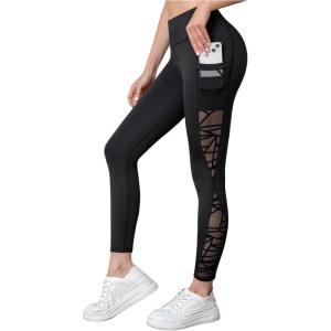 MakeMeChic Women’s Cut Out Sexy Leggings Criss Cross Skinny Pants Party Clubwear(Black Sheer Mesh)