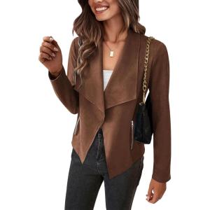 PRETTYGARDEN Women’s Faux Suede Jackets 2026 Fashion Fall Clothes Long Sleeve Open Front Cropped Coat Outwear(Coffee)