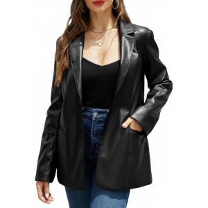 RISISSIDA Women Faux Leather Blazer Jacket,Spring Fall Vegan Pleather Soft Casual Lapel Button Down Coat(Black-hip Length)