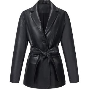 RISISSIDA Women Faux Leather Blazer Jacket,Spring Fall Vegan Pleather Soft Casual Lapel Button Down Coat(Black-hip Length-with Detachable Belt)