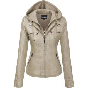 Springrain Women’s Faux Leather Jacket Moto Biker Coat with Detachable Hood Motorcycle Jacket(Apricot)
