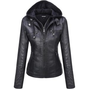 Springrain Women’s Faux Leather Jacket Moto Biker Coat with Detachable Hood Motorcycle Jacket(Black)